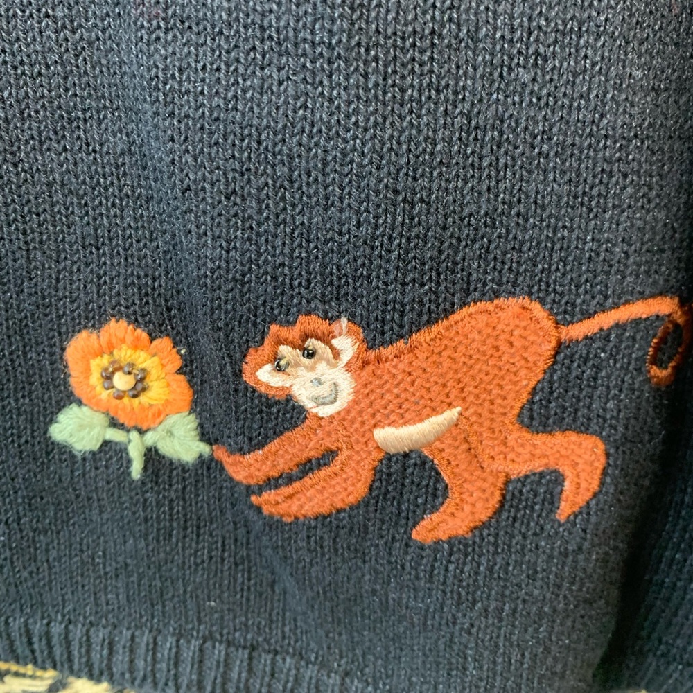 Vintage Arriviste Embroidered Beaded Monkey Novelty Print Cardigan Size M - Picture 10 of 13